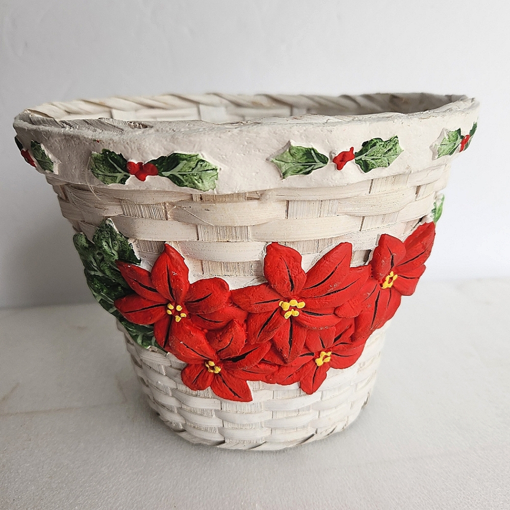 Vintage White Wicker Poinsettia and Holly Christmas Basket